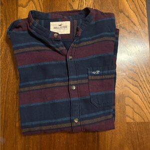 Hollister Men's Casual Striped Shirt - Navy and Burgundy Flannel